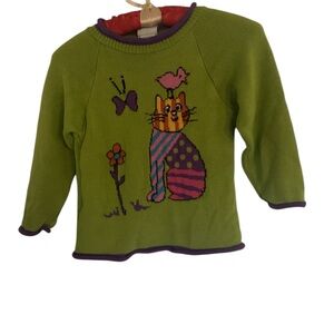 Vintage Plaid Moose Cat Sweater Made in Israel Size L (6) Vibrant Green Kids